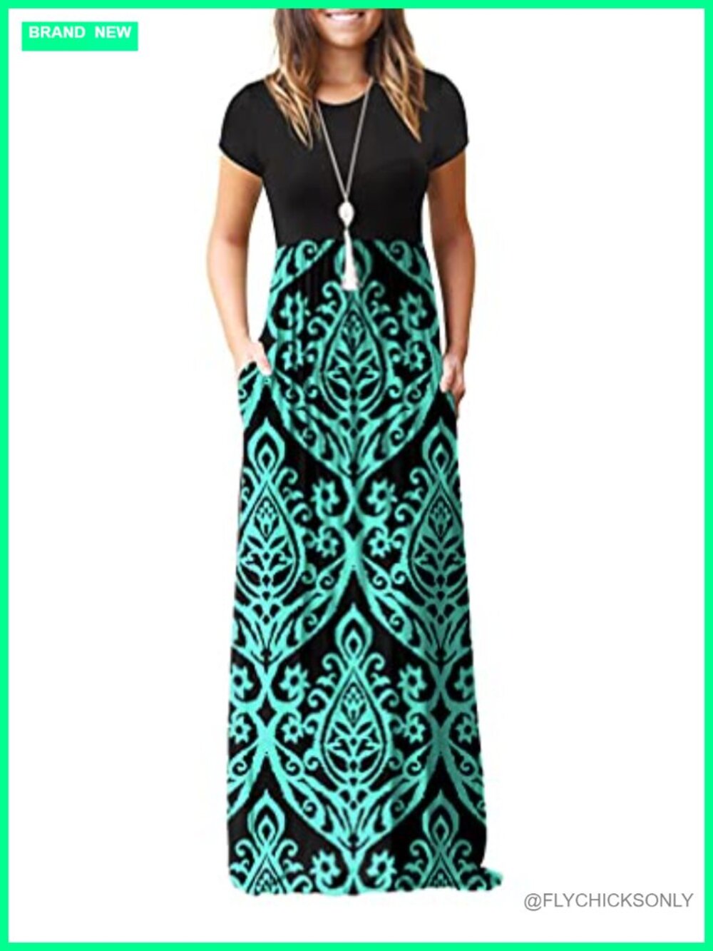 Women's Floral Maxi Dress with Pockets, Short Sleeve, Soft Rayon